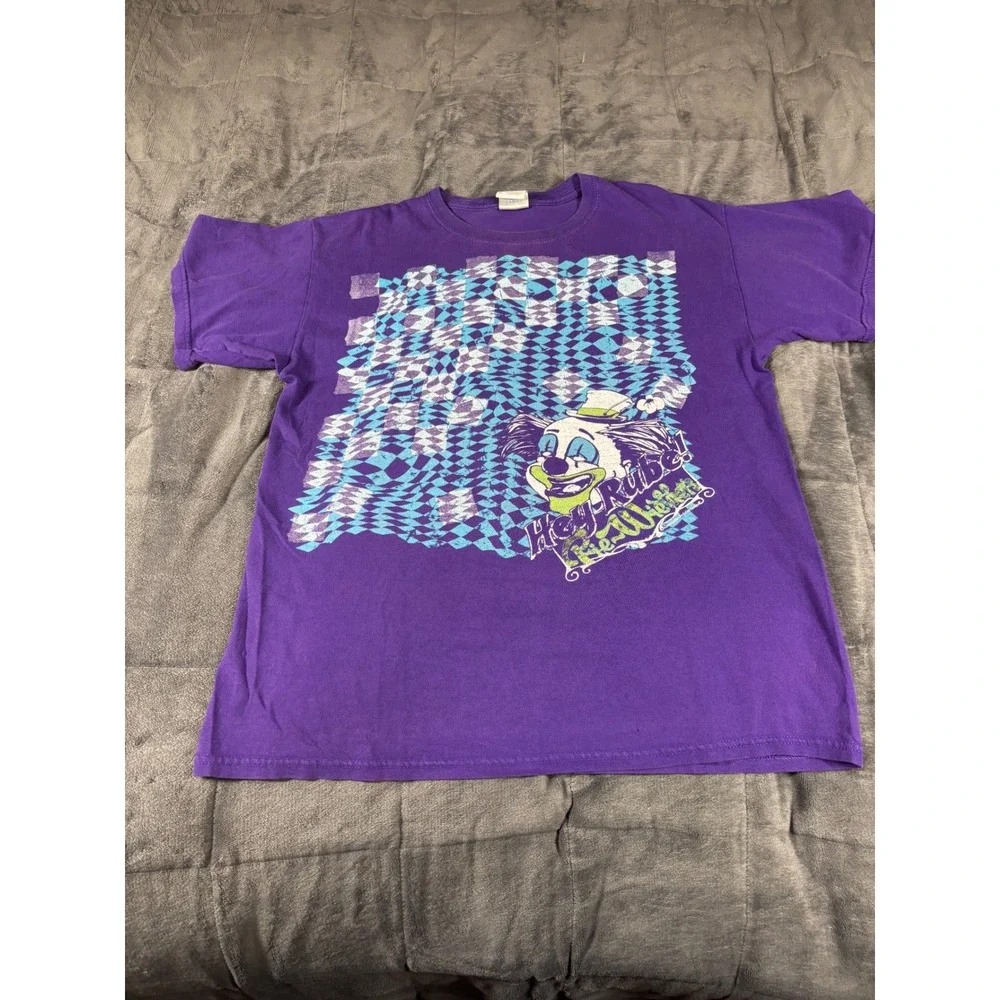 Gildan Hey Rube Clown Graphic T-Shirt Purple Mens Medium Checkerboard Circus Tee